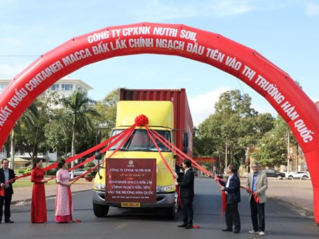 Lors de la cérémonie pour l’expédition du premier lot de 10 tonnes de noix de macadamia vers la République de Corée. Photo : daklak.gov.vn.