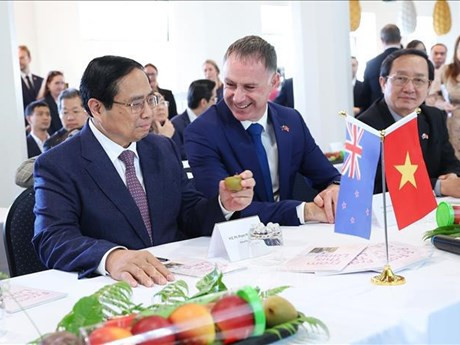 Le PM Pham Minh Chinh (1er, à gauche) examine des produits de l’Institut néo-zélandais de recherche sur les plantes et les aliments (PFR), à Auckland. Photo : VNA.