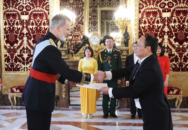 L’ambassadeur vietnamien en Espagne, Doàn Thanh Song (à droite), remet ses lettres de créance à Sa Majesté le Roi Felipe VI, lors d’une cérémonie organisée le 17 janvier au Palais Royal de Madrid. Photo : baoquocte.