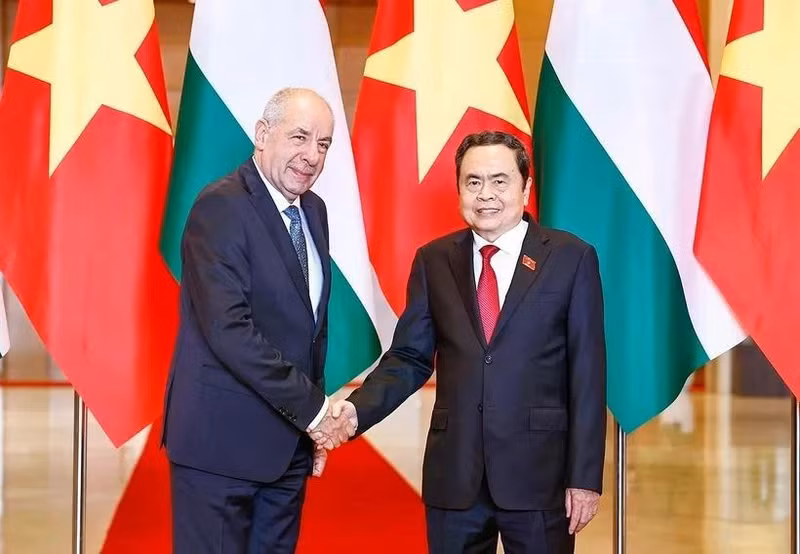 Le président de l’Assemblée nationale Tran Thanh Man (à droite), et le président hongrois Sulyok Tamas, à Hanoi, le 28 mai. Photo : VNA. 