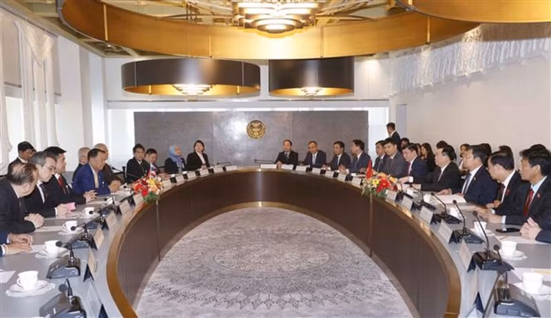 Vue générale de l'entretien entre le Président de l’AN du Vietnam, Vuong Dinh Huê (4e à droite), et son homologue thaïlandais Wan Muhamad Noor Matha (4e à gauche). Photo: VNA.