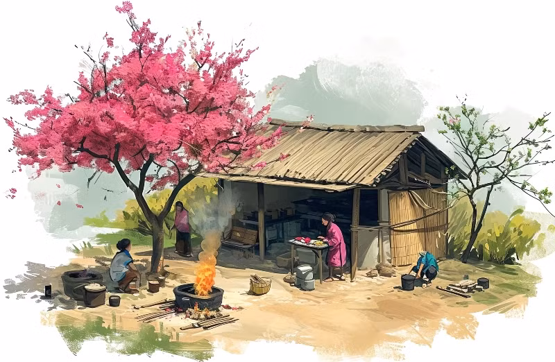 Le printemps est aussi le moment où le Têt arrive. Un grand poêle est placé devant la maison avec le pot de banh chung. Une fumée s'élève du toit de chaume,.