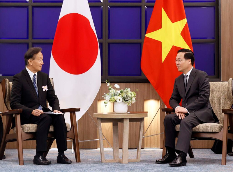 Le Président vietnamien Vo Van Thuong (à droite) reçoit le président de l’Association d’amitié Kyushu-Vietnam. Photo: VNA.