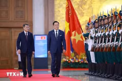 Le Premier ministre vietnamien Le Minh Hung (à gauche) et le Premier ministre thaïlandais Anutin Charnvirakul, lors de la cérémonie d'accueil. Photo : VNA.