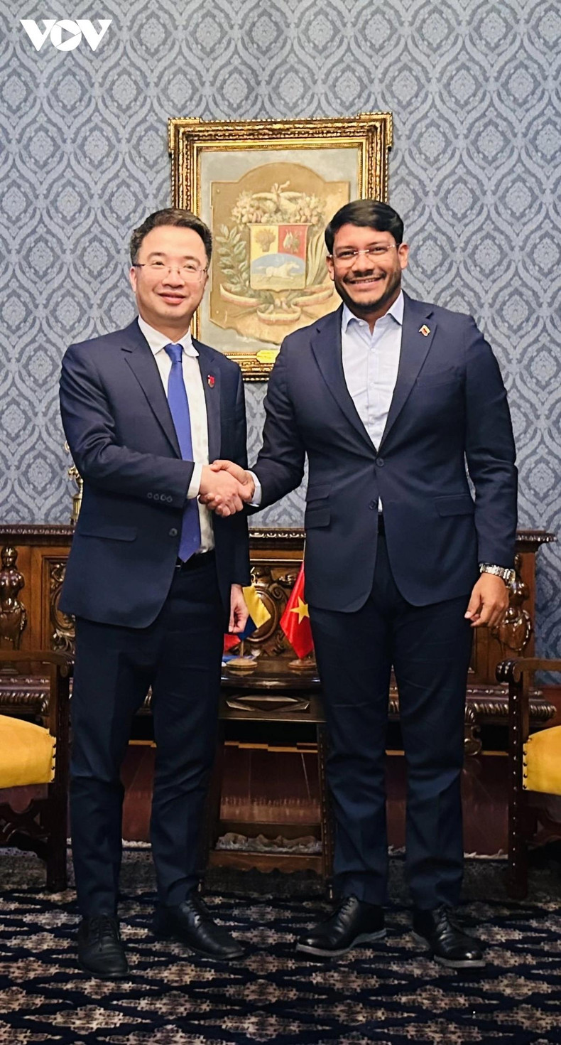 Le secrétaire du Comité central de l'Union de la jeunesse communiste Hô Chi Minh, Nguyen Tuong Lam (à gauche), et le vice-président des affaires internationales du Parti socialiste unifié du Venezuela (PSUV), Rander Peña. Photo : VOV