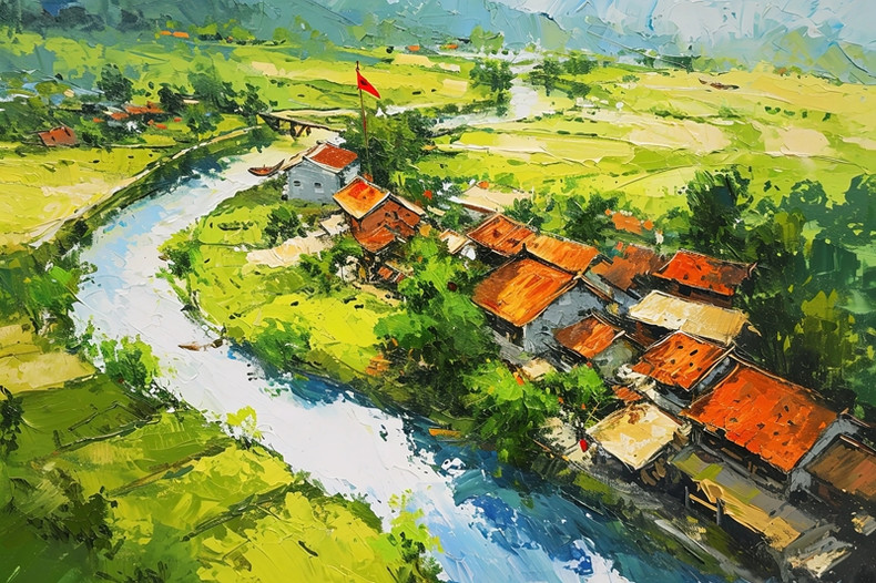 Des petites maisons au bord d’une paisible rivière. Des petites maisons au bord d’une paisible rivière.