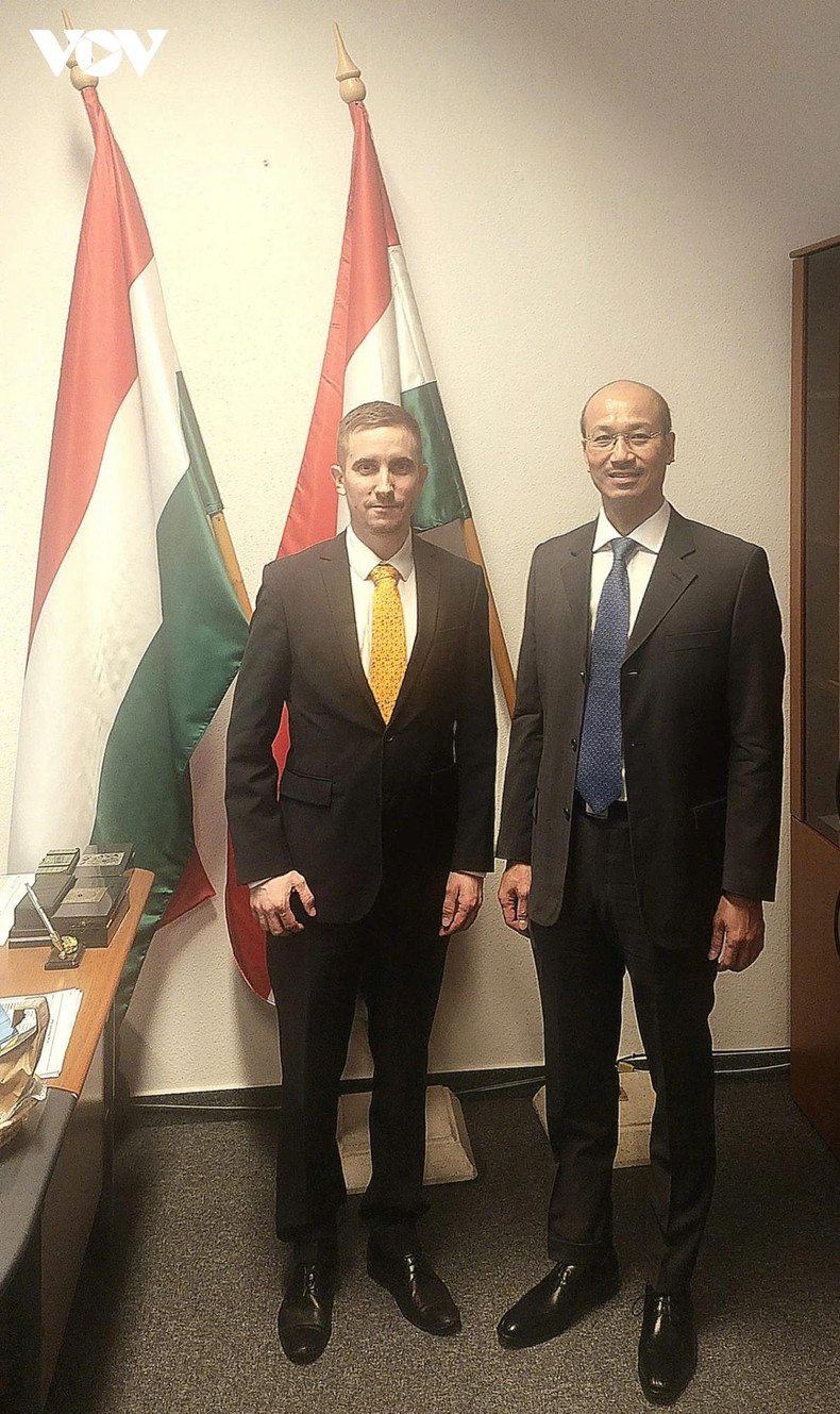 L’ambassadeur du Vietnam en Hongrie, Bui Le Thai (à droite), et Stifter Adam, secrétaire d’État adjoint du ministère hongrois des Affaires étrangères et du Commerce extérieur, chargé de la politique hongroise « Regard vers l’Est ». Photo : VOV.