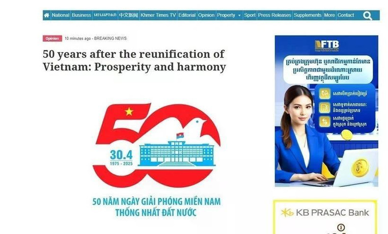 L'article intitulé « Le Vietnam après 50 ans de réunification nationale : prospérité et harmonie », publié le 21 avril sur le journal Khmer Times. Photo : capture de l'écran