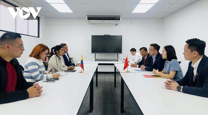 Vue générale de l'entretien entre le secrétaire du Comité central de l'Union de la jeunesse communiste Hô Chi Minh, Nguyen Tuong Lam, et la première secrétaire de l'Aile jeunesse du Parti socialiste unifié du Venezuela (JPSUV), Grecia Colmenares, qui est également ministre vénézuélienne de la Jeunesse. Photo : VOV