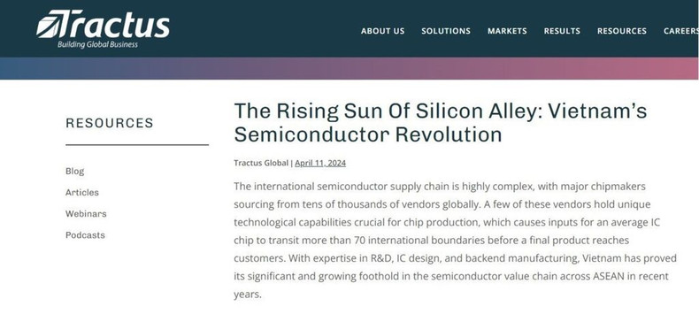 Selon Tractus, le Vietnam a prouvé sa position de plus en plus importante et croissante dans la chaîne de valeur mondiale des semi-conducteurs au sein de l'ASEAN ces dernières années. Selon Tractus, le Vietnam a prouvé sa position de plus en plus importante et croissante dans la chaîne de valeur mondiale des semi-conducteurs au sein de l'ASEAN ces dernières années.