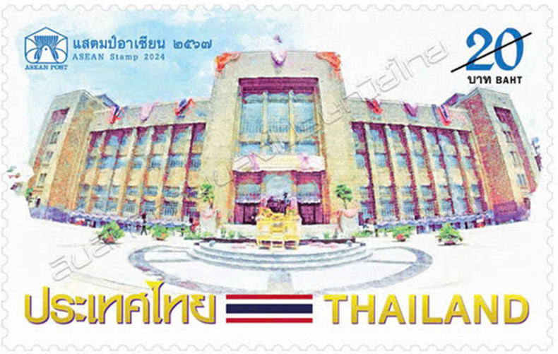 Les timbres de l’ASEAN sur le thème Bâtiments de la Poste" de Singapour, de Thaïlande et de Malaisie. Photo : VietStamp Club.