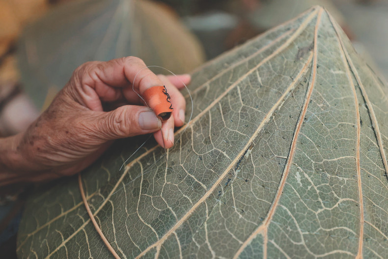 Fabrication manuelle des chapeaux coniques en feuilles de lotus à Huê. Fabrication manuelle des chapeaux coniques en feuilles de lotus à Huê.
