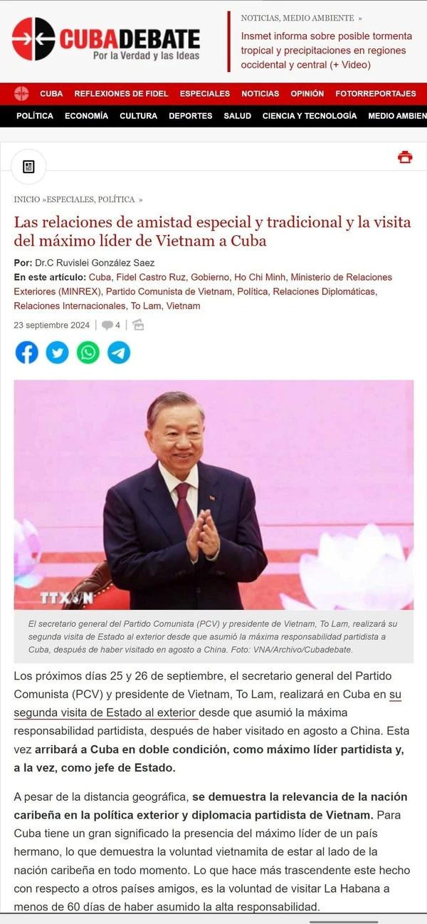 L'article publié dans le journal électronique CubaDebate. Photo : VNA. L'article publié dans le journal électronique CubaDebate. Photo : VNA.