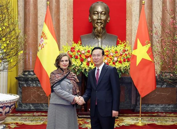 Le Président vietnamien Vo Van Thuong (à droite) et l'ambassadrice espagnole Carmen Cano De Lasala. Photo : VNA. Le Président vietnamien Vo Van Thuong (à droite) et l'ambassadrice espagnole Carmen Cano De Lasala. Photo : VNA.