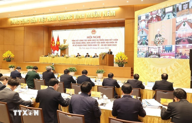 Le Secrétaire général Nguyên Phu Trong s’exprime lors de la Conférence pour mettre en œuvre le Plan de développement socio-économique 2023, à Hanoi, le 3 janvier 2023. Photo : VNA. Le Secrétaire général Nguyên Phu Trong s’exprime lors de la Conférence pour mettre en œuvre le Plan de développement socio-économique 2023, à Hanoi, le 3 janvier 2023. Photo : VNA.