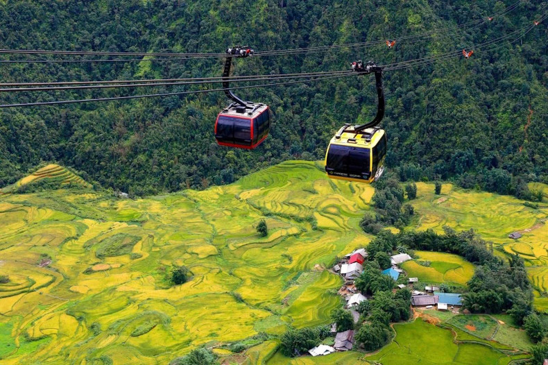Pour admirer Sa Pa pendant la saison du riz vert, rien de mieux que de choisir un voyage à travers ces pittoresques vallées rizicoles en téléphérique. Photo : TNO.