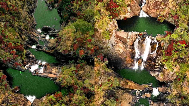 La cascade se compose de nombreux rapides rocheux et de trois lacs alternés, créant un tableau naturel unique vu d'en haut. Photo: Dinh Cong Luong. La cascade se compose de nombreux rapides rocheux et de trois lacs alternés, créant un tableau naturel unique vu d'en haut. Photo: Dinh Cong Luong.