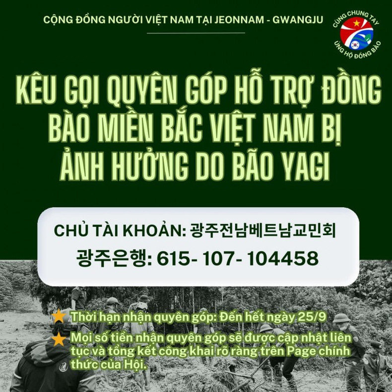 À la nouvelle des dégâts provoqués par le typhon Yagi dans les provinces du nord du Vietnam, le comité exécutif de l’Association des Vietnamiens résidant à Gwangju-Chonnam a rapidement organisé une collecte de dons pour soutenir les personnes touchées par ces catastrophes naturelles. Photo: thoidai. À la nouvelle des dégâts provoqués par le typhon Yagi dans les provinces du nord du Vietnam, le comité exécutif de l’Association des Vietnamiens résidant à Gwangju-Chonnam a rapidement organisé une collecte de dons pour soutenir les personnes touchées par ces catastrophes naturelles. Photo: thoidai.