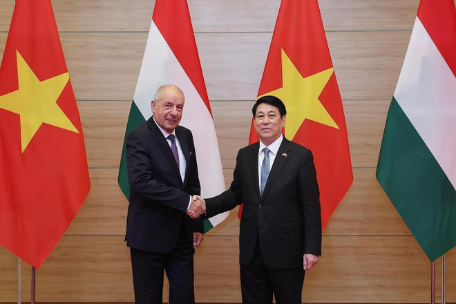 Le président Luong Cuong (droite) et le président hongrois Sulyok Tamas. Photo : VNA. Le président Luong Cuong (droite) et le président hongrois Sulyok Tamas. Photo : VNA.