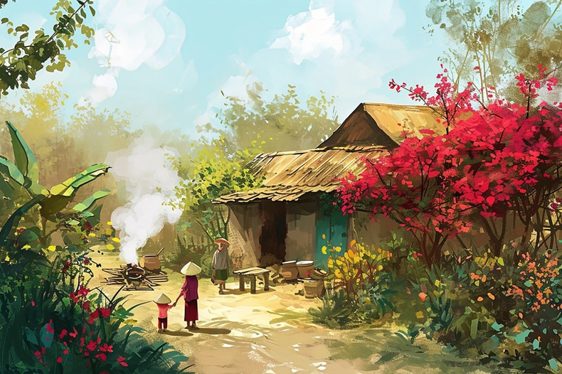 Village au printemps. Village au printemps.