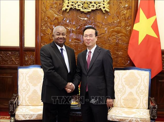 Le Président vietnamien Vo Van Thuong (à droite) et l'ambassadeur du Mozambique Leonardo Manuel Pene. Photo : VNA. Le Président vietnamien Vo Van Thuong (à droite) et l'ambassadeur du Mozambique Leonardo Manuel Pene. Photo : VNA.