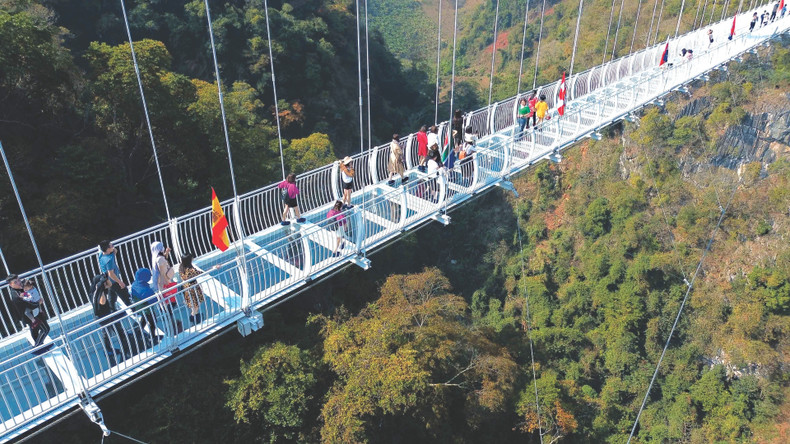 Des touristes visitent le pont en verre Bach Long dans le district de Môc Châu, province de Son La. Photo: VNA. Des touristes visitent le pont en verre Bach Long dans le district de Môc Châu, province de Son La. Photo: VNA.