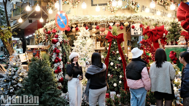 Les jeunes profitent du décor pour prendre des photos. Photo : Trung Hieu/NDEL. Les jeunes profitent du décor pour prendre des photos. Photo : Trung Hieu/NDEL.