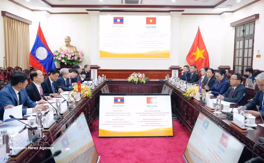Entretien entre le ministre vietnamien de la Justice Hoang Thanh Tung et le vice-Premier ministre et ministre lao de la Justice, Khampane Phommathat. Photo : VNA.