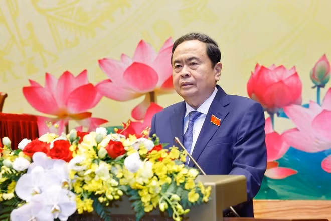Tran Thanh Man, membre du Bureau politique, secrétaire du Comité du Parti et président de l’Assemblée nationale prend la parole. Photo : VNA.