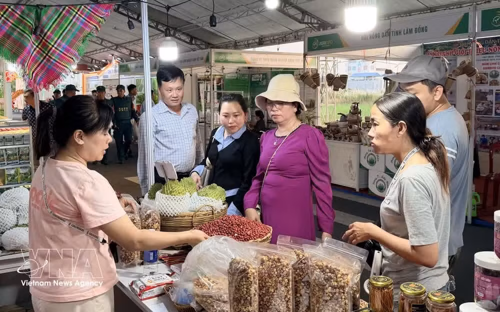 Des habitants d'An Giang achètent des produits agricoles exposés à la Foire des produits agricoles durables du delta du Mékong. Photo : VNA.