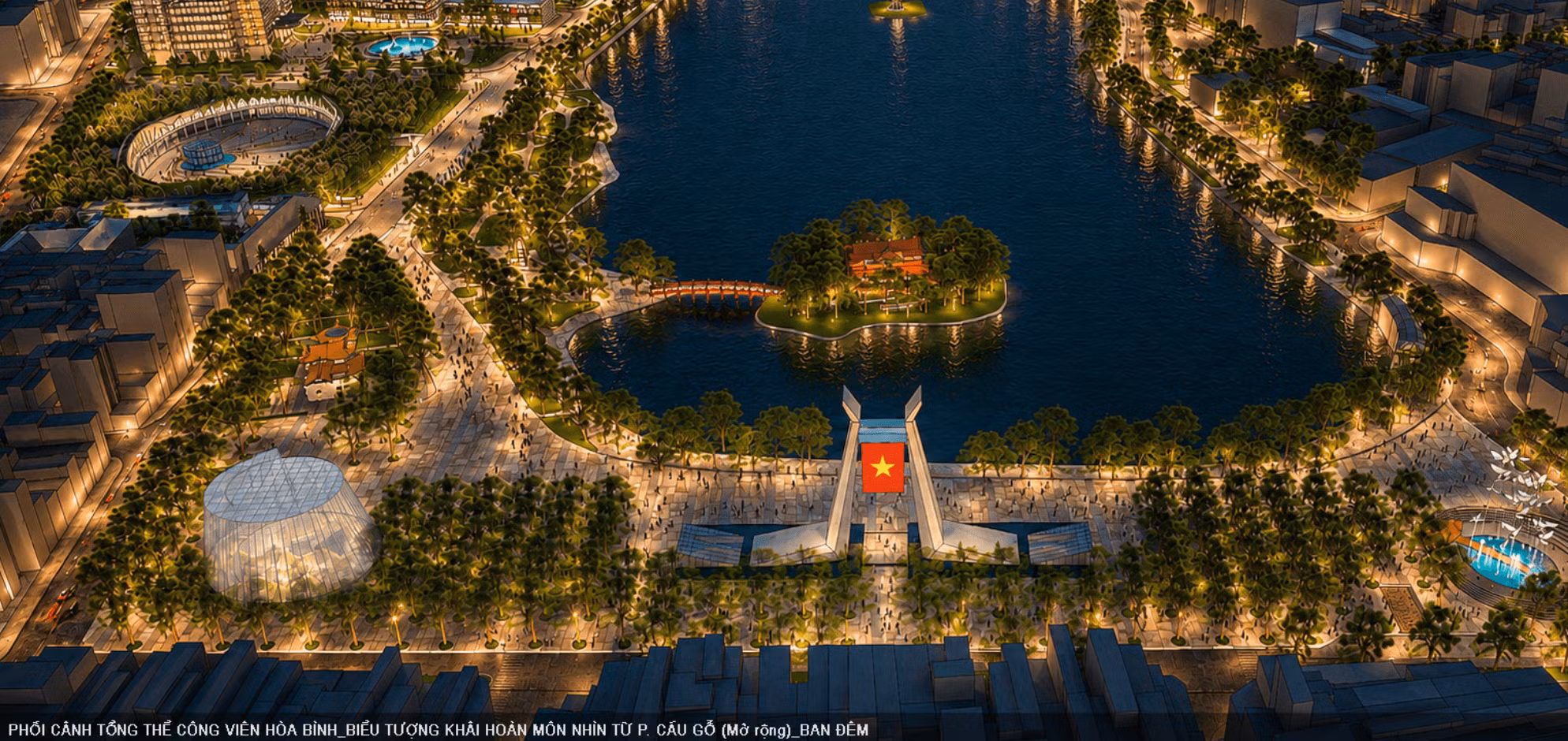 Vue en perspective du parc de Hoa Binh et de l’Arc de Triomphe, symbole du parc, depuis la rue Cau Go (élargie). Photo: hanoimoi.vn