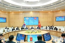 Lors de la 14e session du Comité mixte sur la coopération commerciale, industrielle et énergétique et la 8e session du Comité mixte sur la mise en œuvre de l'accord commercial Vietnam-R. de Corée tenue le 14 avril 2025 à Hanoï. Photo: VNA.