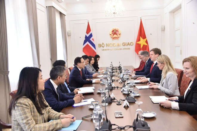 Le ministre vietnamien des Affaires étrangères Le Hoai Trung reçoit le ministre norvégien du Développement international Åsmund Aukrust, à Hanoi, le 10 février. Photo : VNA