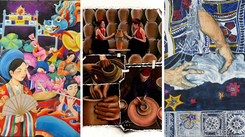 Nguyen Kieu An (née en 2009, Hanoï) avec son œuvre « Khuc Tu Tinh Hue » (Mélodie sentimentale de Hue) , Sai Ngoc Anh (2008, Vinh Yen) avec le tableau « Lang nghe gom Phu Lang » (Le village de céramique de Phu Lang) , et Ho Vu Ha Anh (2009, Hanoï) avec sa création « Sac mau di san » (Couleurs du patrimoine) ont remporté le deuxième prix de la catégorie B. 4.jpg