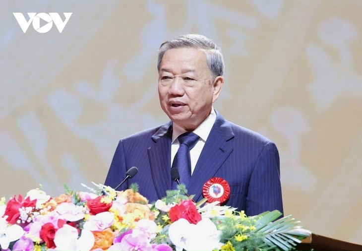 Le secrétaire général du Parti, To Lam, prend la parole lors de l'évènement. Photo : VOV. Le secrétaire général du Parti, To Lam, prend la parole lors de l'évènement. Photo : VOV.