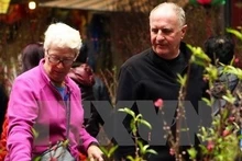 Des touristes étrangers visitent un marché du Têt. Photo: VNA.