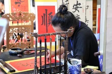 Outre de beaux idéogrammes en hán (caractère chinois) ou en " nôm " (écriture démotique sino-vietnamienne), de nombreux lettrés calligraphes écrivent des œuvres en " quôc ngu " (vietnamien romanisé) à Hô Van (Van Miêu-Quôc Tu Giam, à Hanoi). Photo : Phan Anh/NDEL.