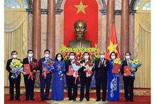Le Président Nguyên Xuân Phuc (3e à droite) remet la décision de nomination à des membres du gouvernement. Photo : VNA.
