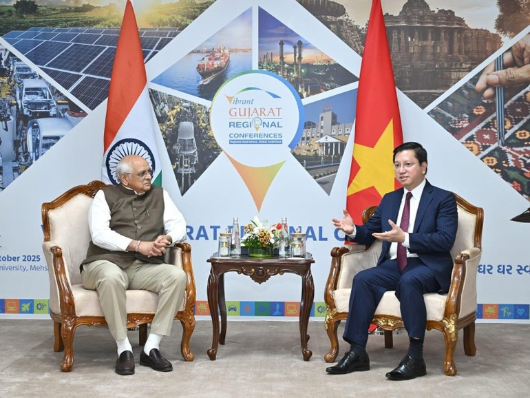 L’ambassadeur Nguyen Thanh Hai (à droite) en discussion avec le ministre en chef du Gujarat. Photo : Bureau du commerce vietnamien en Inde. 