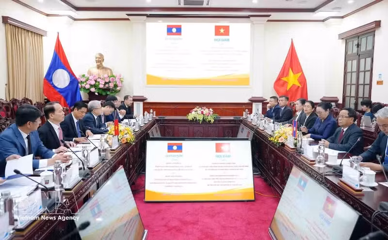 Entretien entre le ministre vietnamien de la Justice Hoang Thanh Tung et le vice-Premier ministre et ministre lao de la Justice, Khampane Phommathat. Photo : VNA.