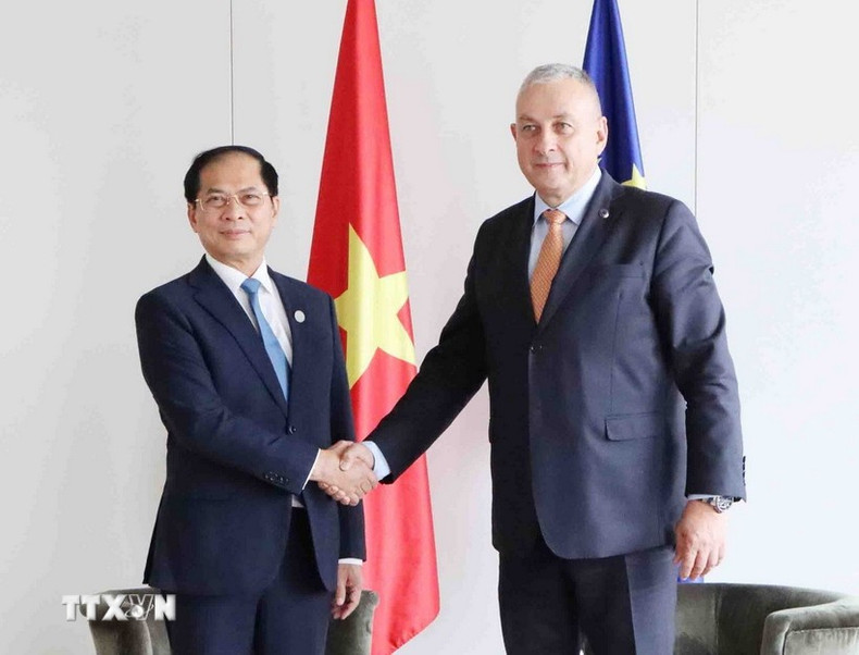 Le vice-Premier ministre vietnamien Bui Thanh Son (gauche) et le commissaire européen aux Partenariats internationaux, Jozef Sikela. Photo : VNA. bi-1.jpg