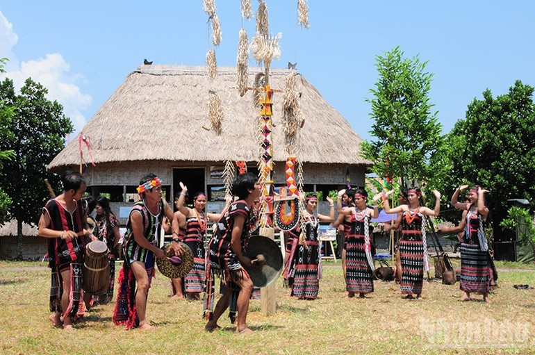 La danse Tung tung da dá, résonnant sous le toit traditionnel de la maison Guol des Co Tu, s’élève telle une épopée vivante, reliant l’homme à la terre et au ciel, tout en préservant l’âme sacrée de la culture Co Tu. Photo : NDEL. 1-van-nghe-co-tu.jpg