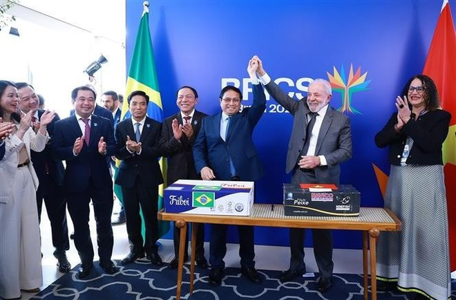 Le Premier ministre Pham Minh Chinh et le président brésilien, Luiz Inacio Lula da Silva, lors de la cérémonie concernant les exportations commerciales bilatérales entre les deux pays. Photo : VNA. vna-potal-thu-tuong-pham-minh-chinh-hoi-kien-tong-thong-brazil-lula-da-silva-8133187.jpg