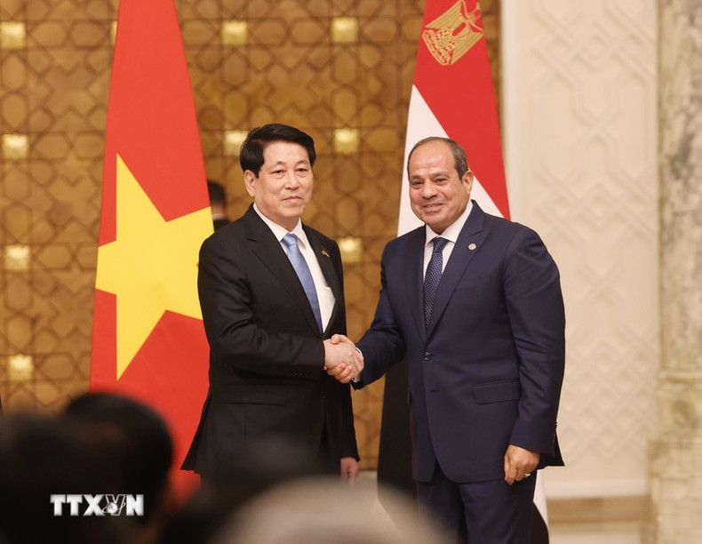Le président vietnamien Luong Cuong (à gauche) et son homologue égyptien Abdel Fattah El-Sisi lors de la conférence de presse. Photo : VNA. chu-tich-nuoc-luong-cuong-va-tong-thong-ai-cap-thong-bao-ket-qua-hoi-dam-8191986-3.jpg