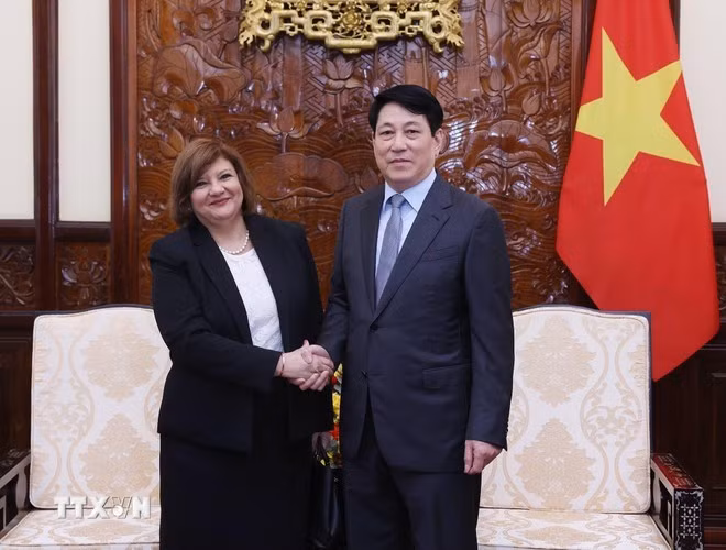 Dans l'après-midi du 1er juillet 2025, au palais présidentiel, le président Luong Cuong reçoit l'ambassadrice d'Égypte, Amal Abdel Kader Elmorsi Salama, venue prendre congé au terme de son mandat au Vietnam. Photo : VNA.