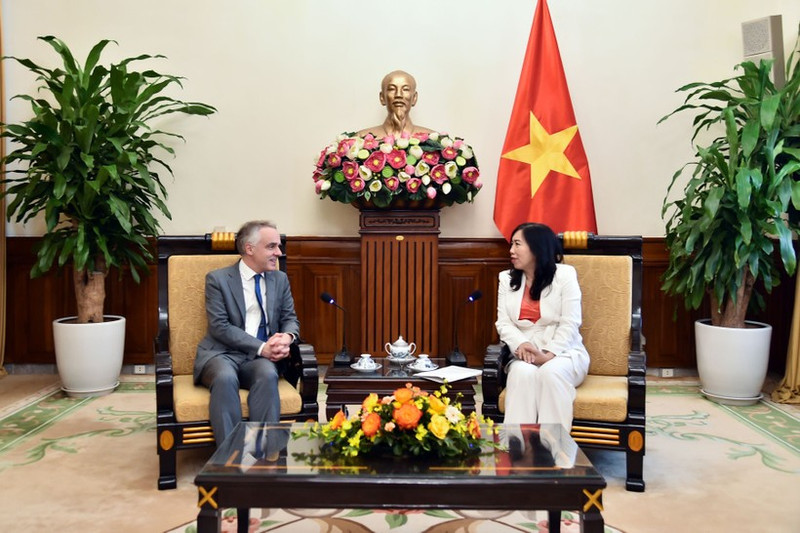 La vice-ministre des Affaires étrangères, Lê Thi Thu Hang, et le directeur d’Asie et d’Océanie du ministère français de l’Europe et des Affaires étrangères, Benoît Guidée, à l’occasion de sa visite de travail dans le cadre de la deuxième consultation politique bilatérale Vietnam–France. Photo : VNA.