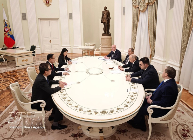 Panorama de l'entrevue entre Le Hoai Trung et Vladimir Poutine. Photo : VNA.