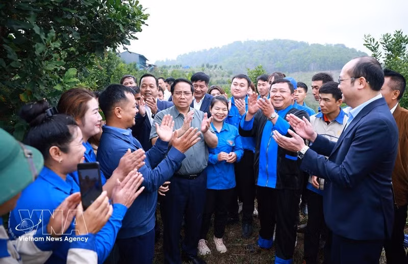 Le Premier ministre Pham Minh Chinh visite un modèle de culture de macadamia au village de Huoi Tao B, commune de Pu Nhi.Photo : VNA