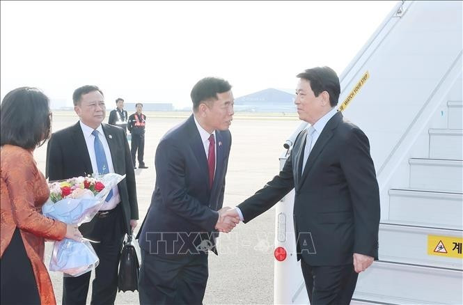 Le président vietnamien Luong Cuong est arrivé le 29 octobre à l'aéroport militaire de Gimhae à Busan, entamant sa participation à la 32ᵉ Semaine des dirigeants économiques de l'APEC et ses activités bilatérales en République de Corée. Photo : VNA.
