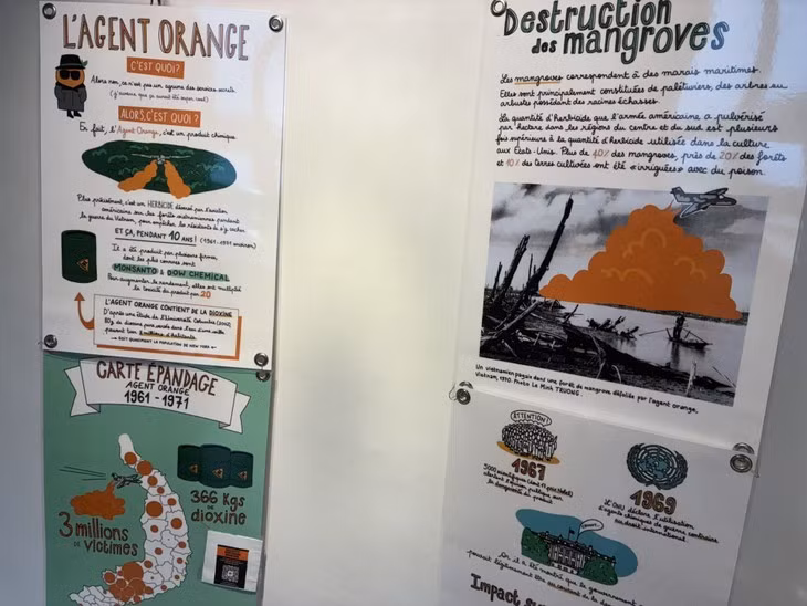 Des affiches sur les séquelles de l'agent orange. Photo : Guillaume Marchal.